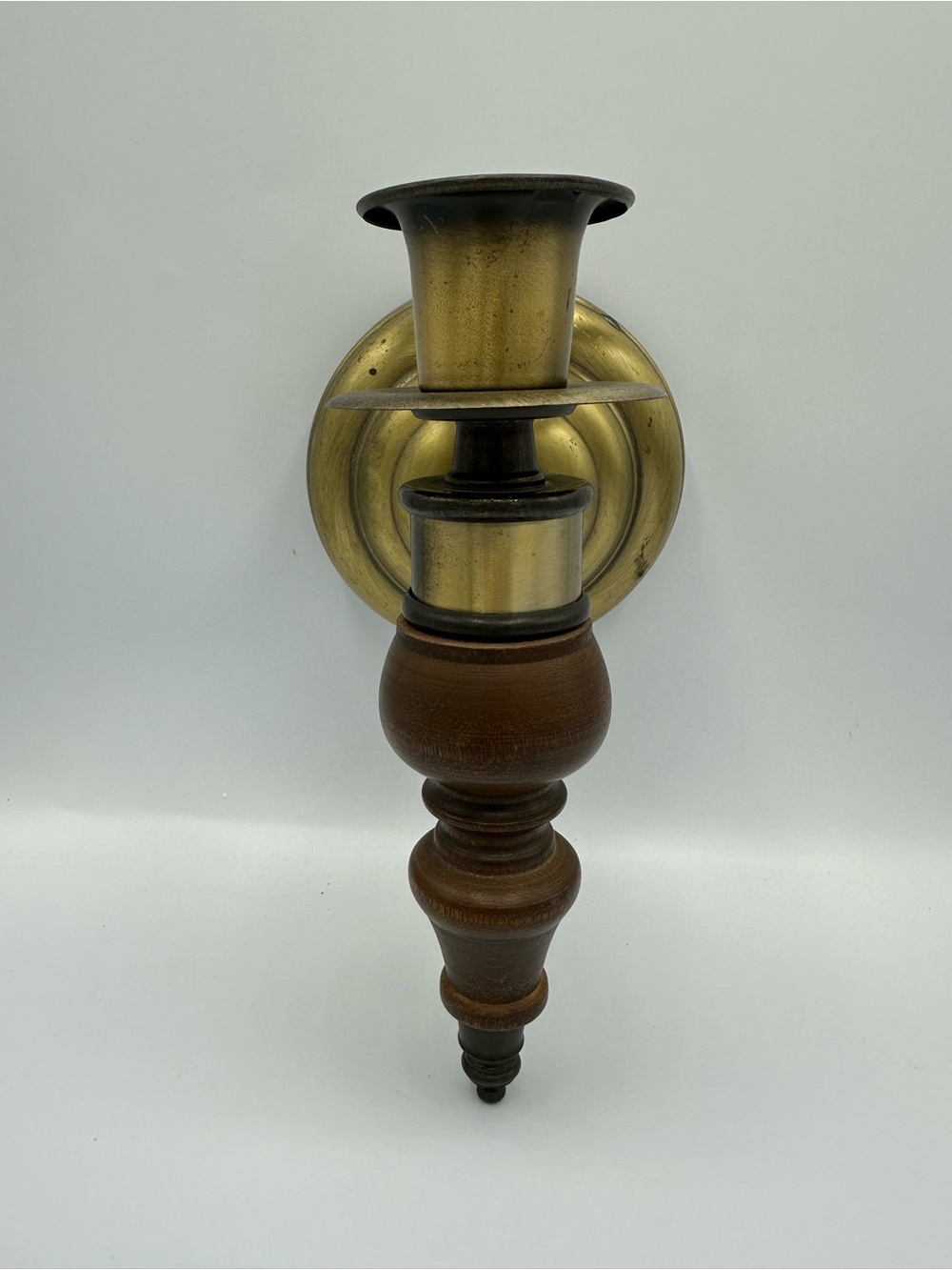 Vintage Brass & Wood Wall Sconce Art Deco Candle Holder Style Light Fixture MCM